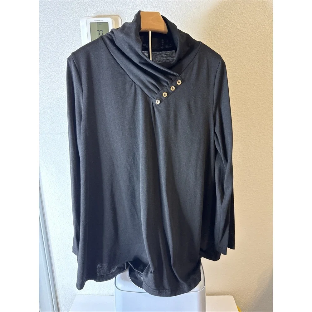 Women's Cowl Neck w Buttons Long Sleeve Top Black‎ Size Large